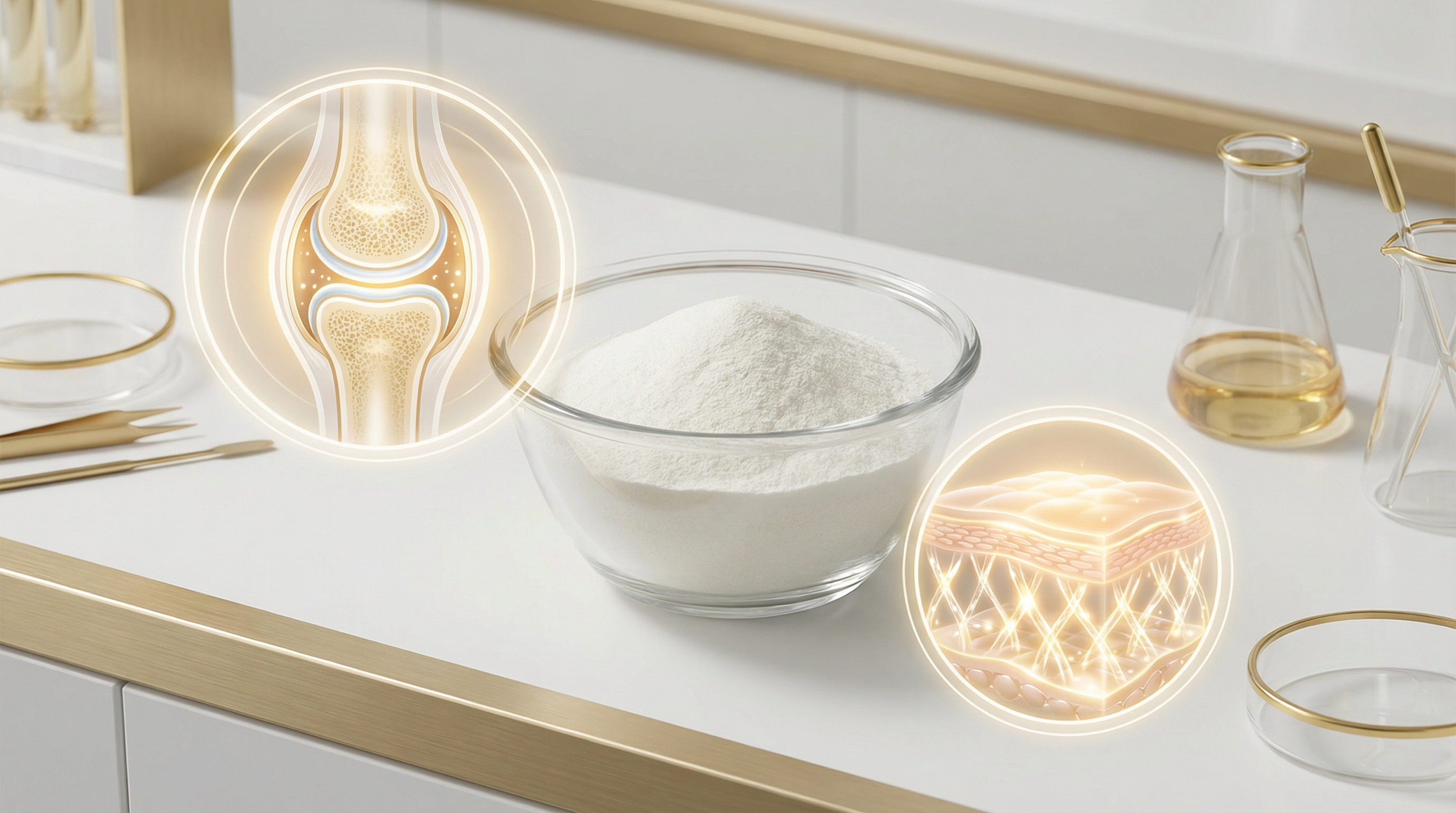 Ilustración científica del colágeno en polvo con representación de piel saludable y articulaciones