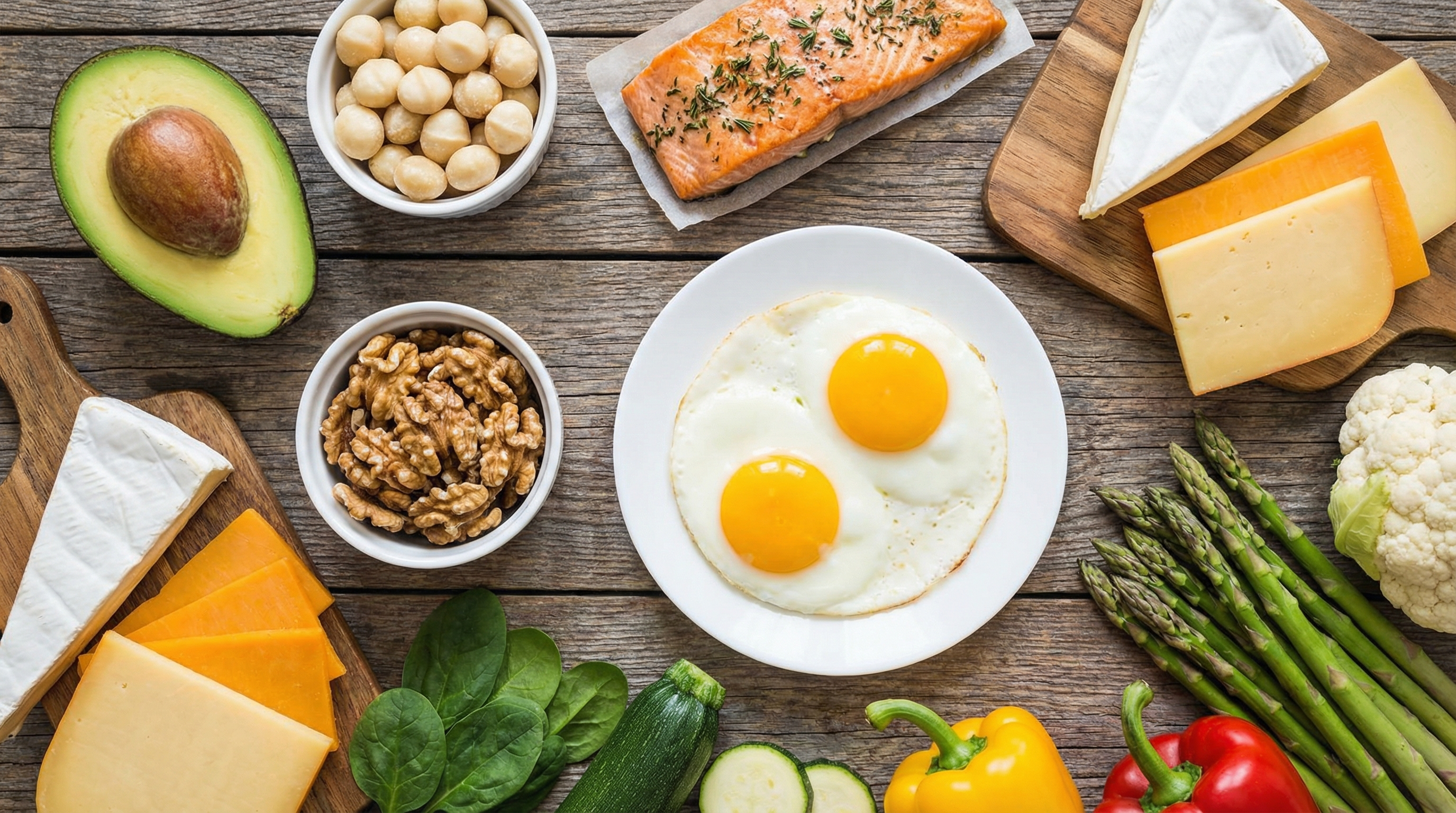 Alimentos de la dieta cetogénica: aguacate, salmón, huevos, frutos secos y queso sobre superficie blanca
