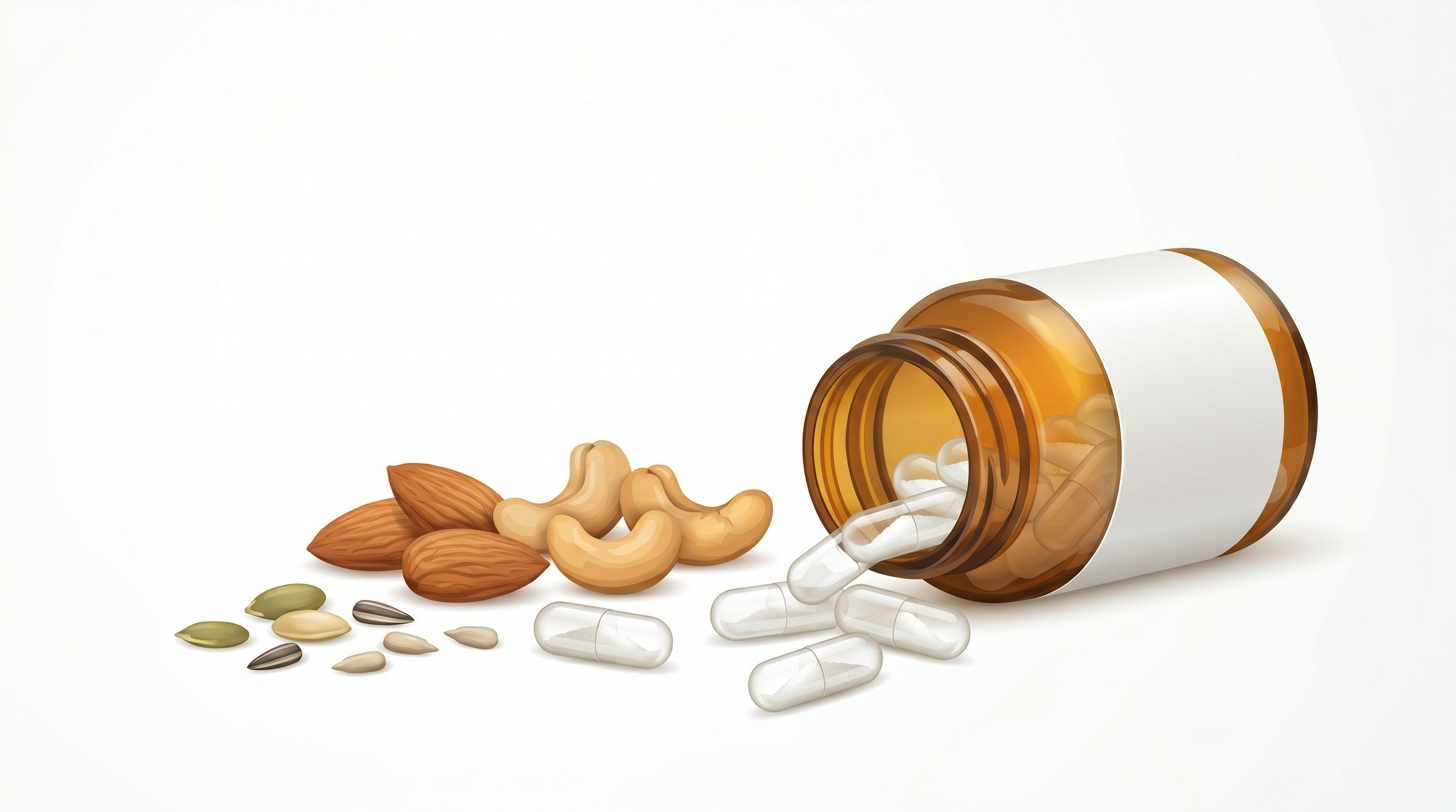 Suplementos de magnesio, frutos secos y semillas sobre fondo blanco, concepto de nutrición y salud