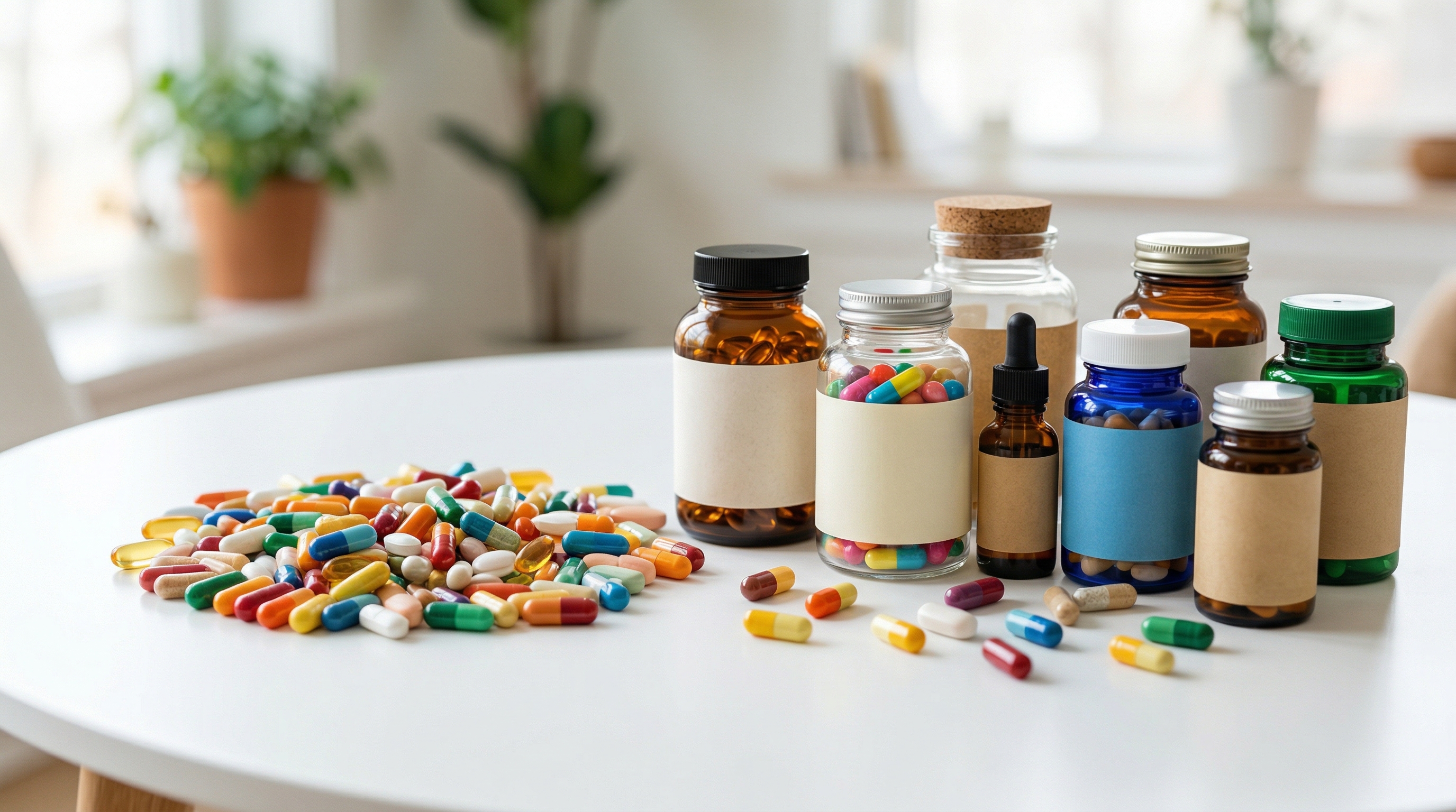 Cápsulas de suplementos y botes de vitaminas sobre mesa blanca
