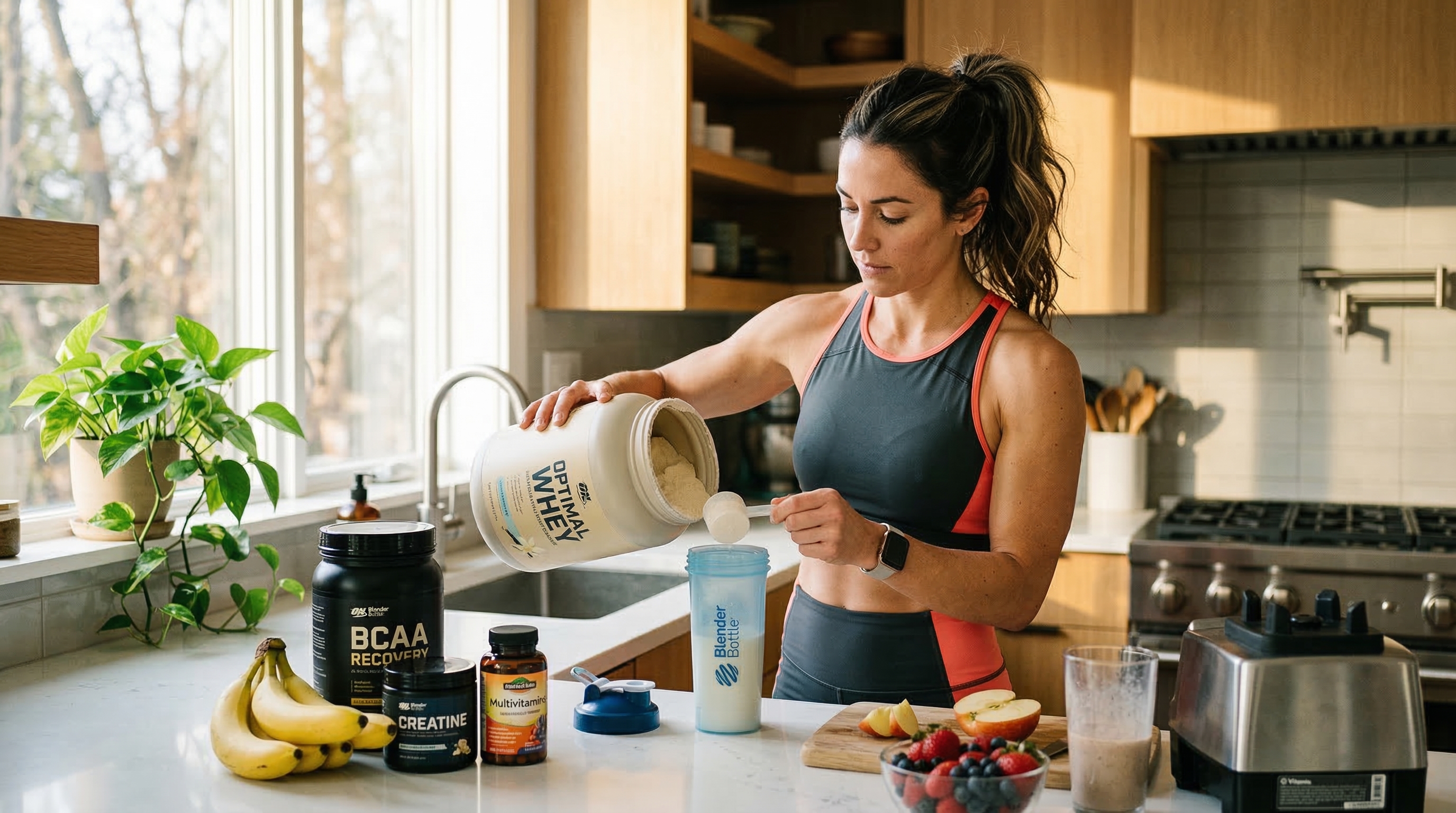 Mujer preparando batido de proteína con frutas frescas en cocina moderna