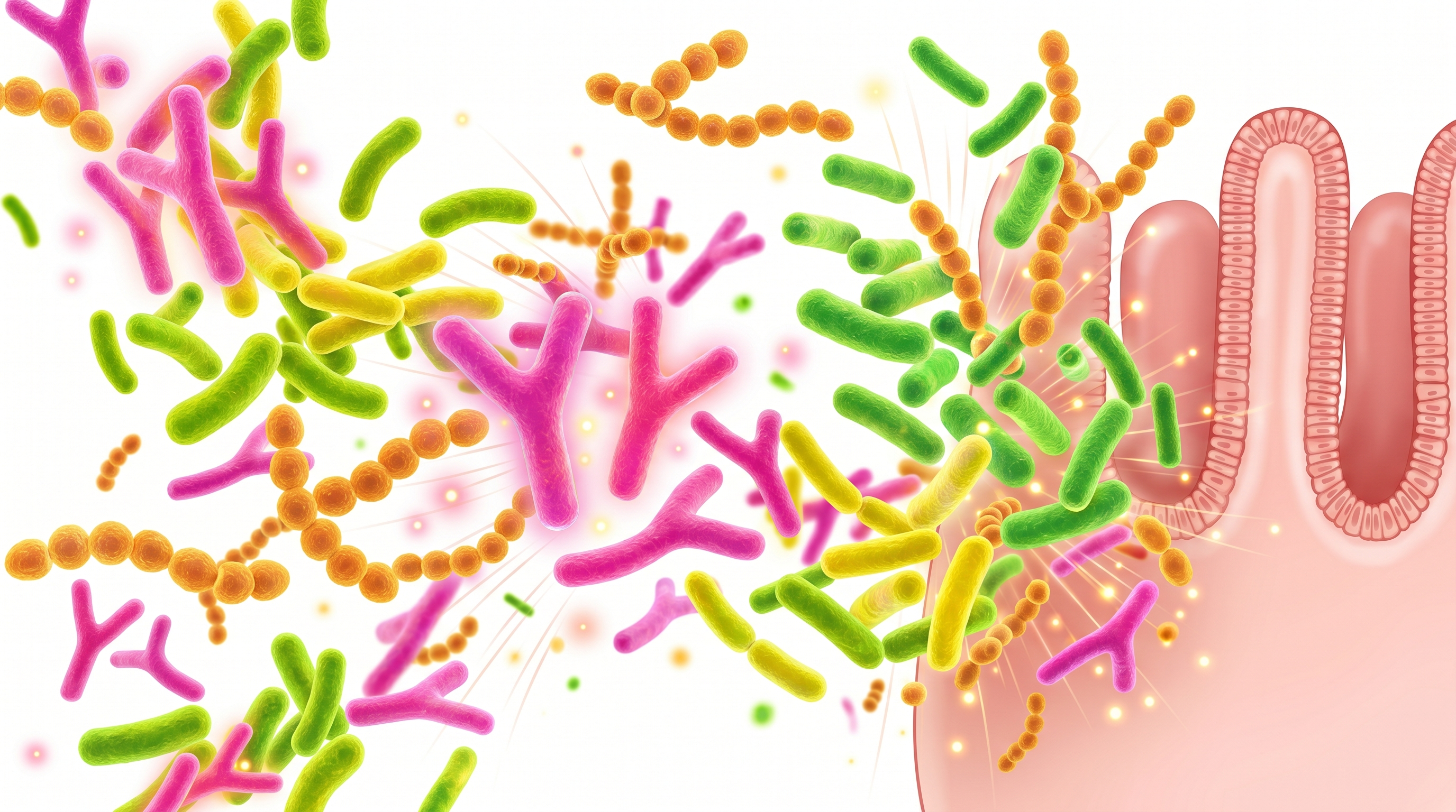 Bacterias probióticas coloreadas bajo microscopio, concepto de salud intestinal y microbiota