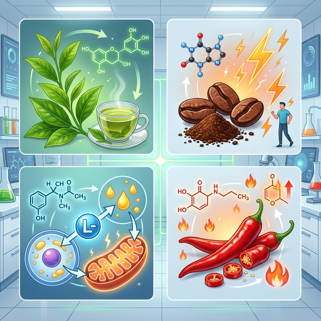 Suplementos quemadores de grasa naturales: té verde, cafeína, capsaicina y L-carnitina sobre fondo claro con concepto científico