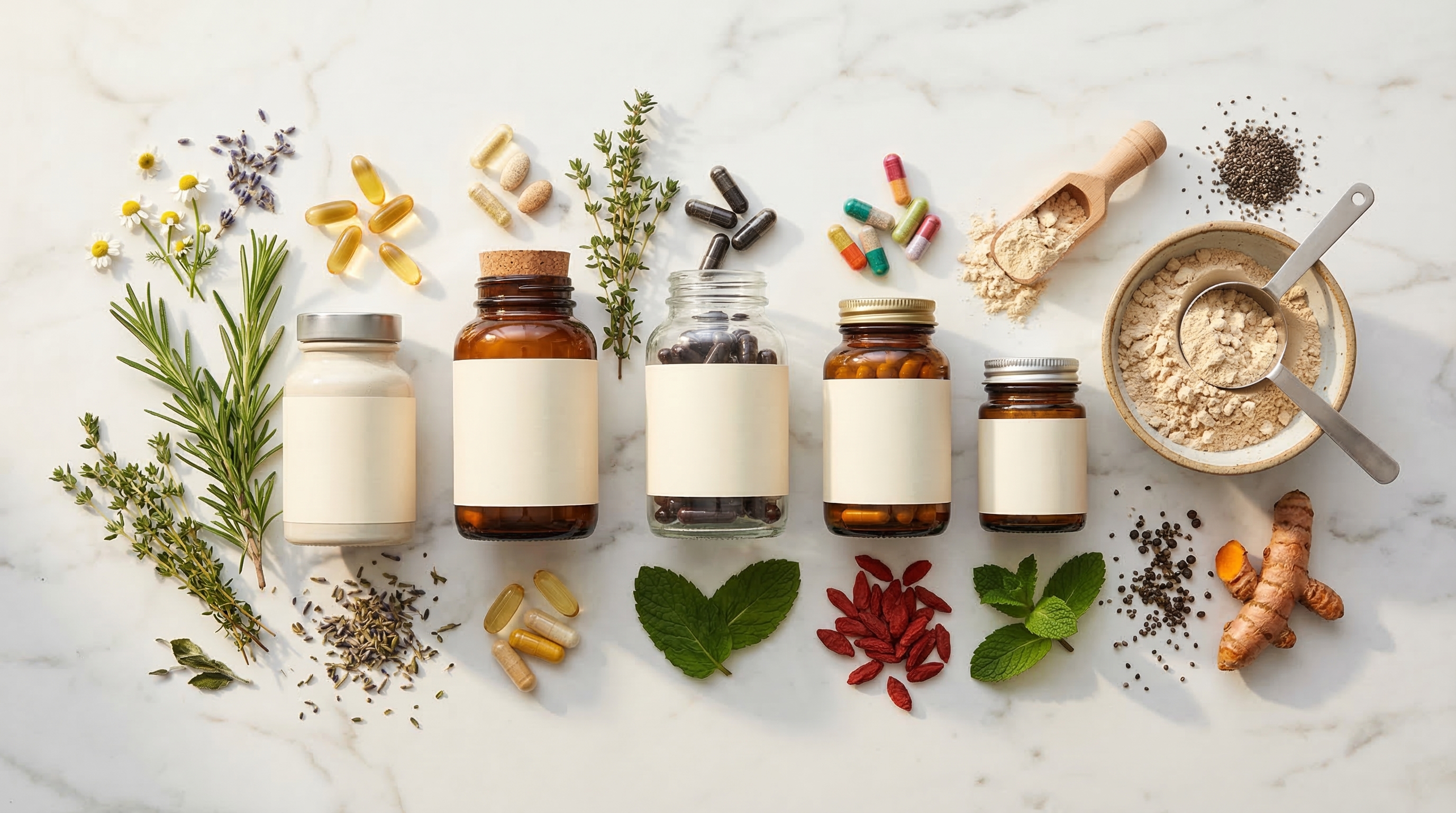 Variedad de suplementos naturales y vitaminas sobre superficie de mármol