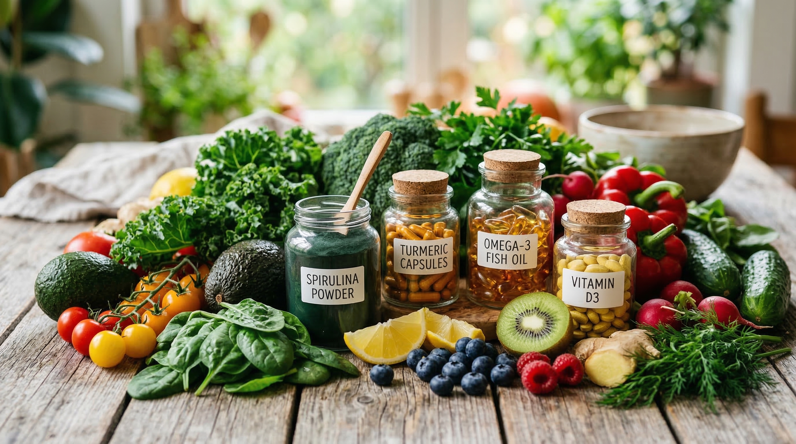 Verduras frescas y suplementos orgánicos en tarros de cristal