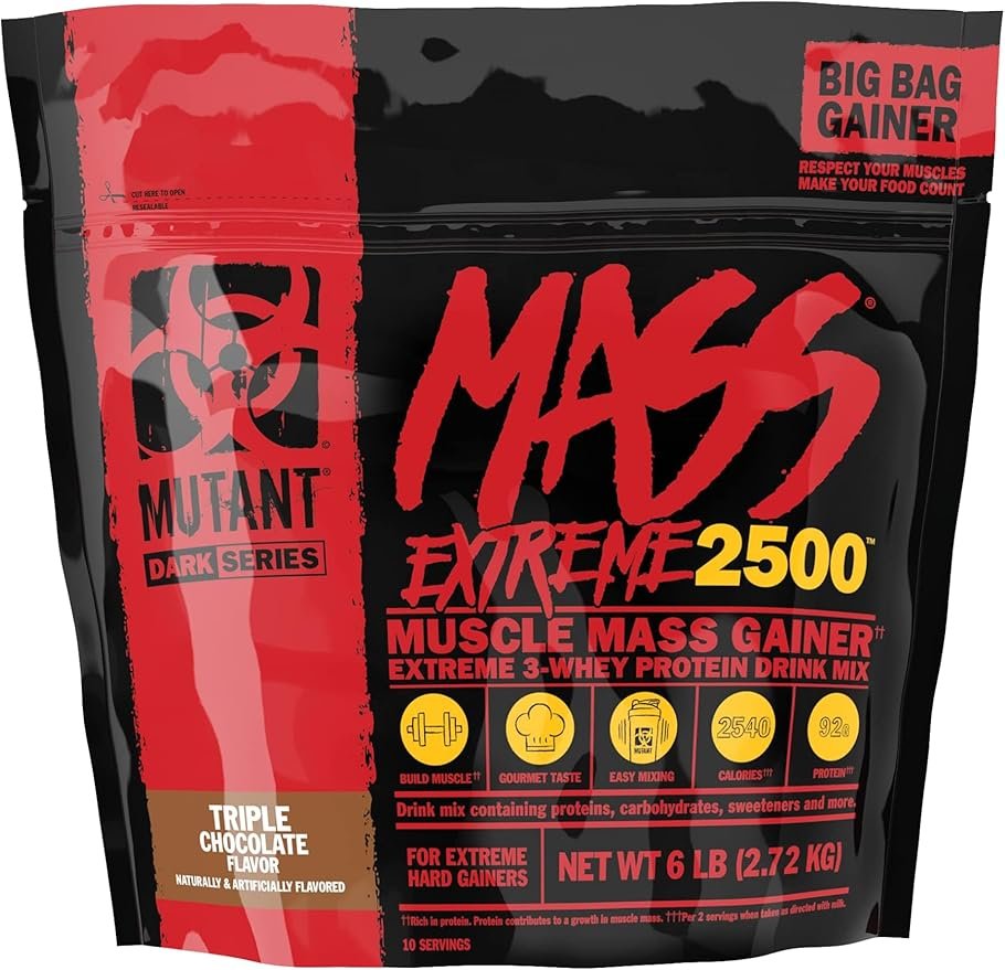 Mass Extreme 2500 muscle mass gainer supplement package - Mutant Dark Series extreme 3-whey protein drink mix in red and black packaging