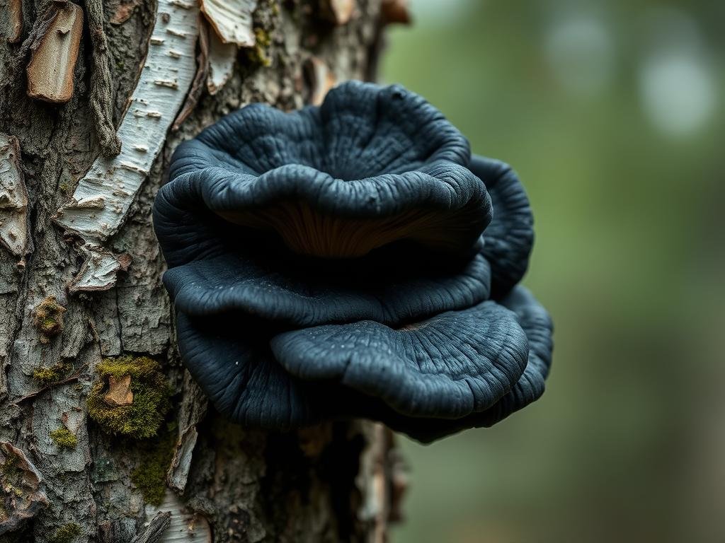 Chaga mushroom with its distinctive charcoal-like exterior growing on birch tree