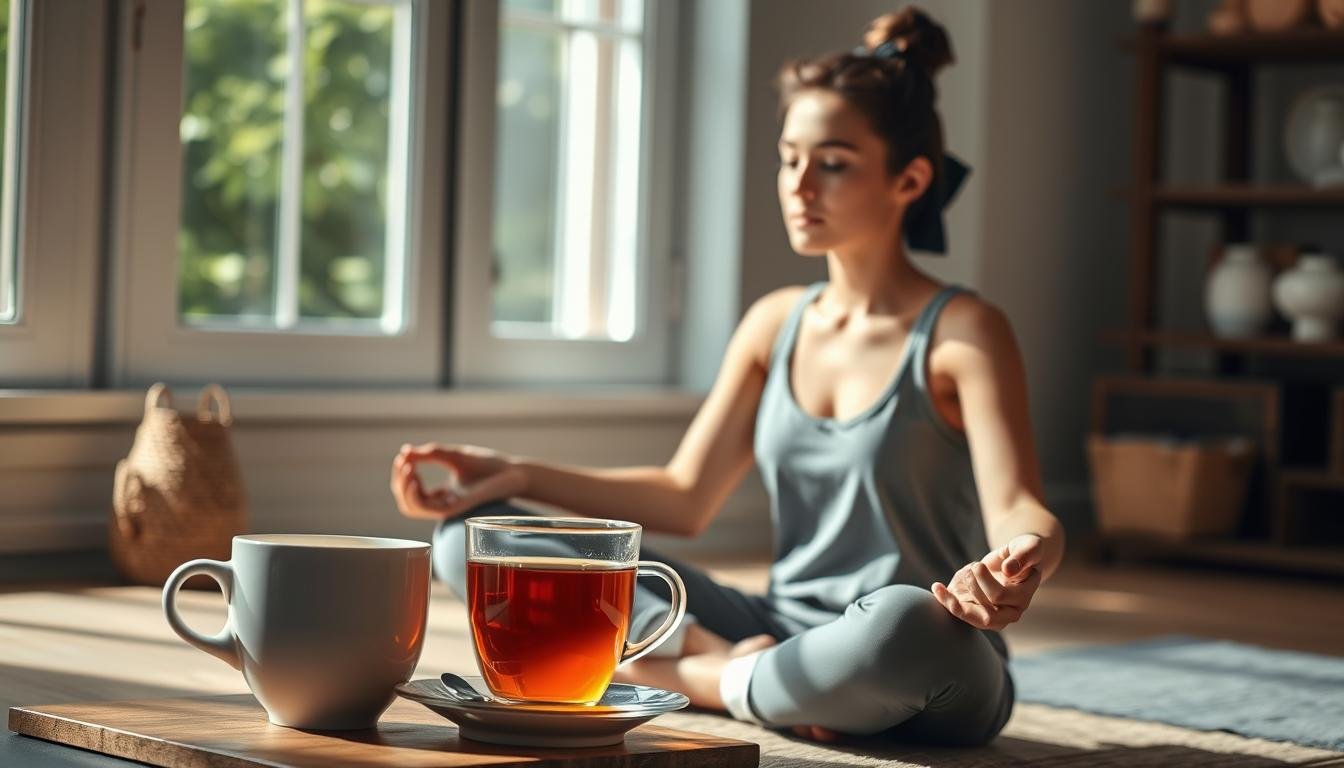 Person meditating with reishi tea showing calm focus