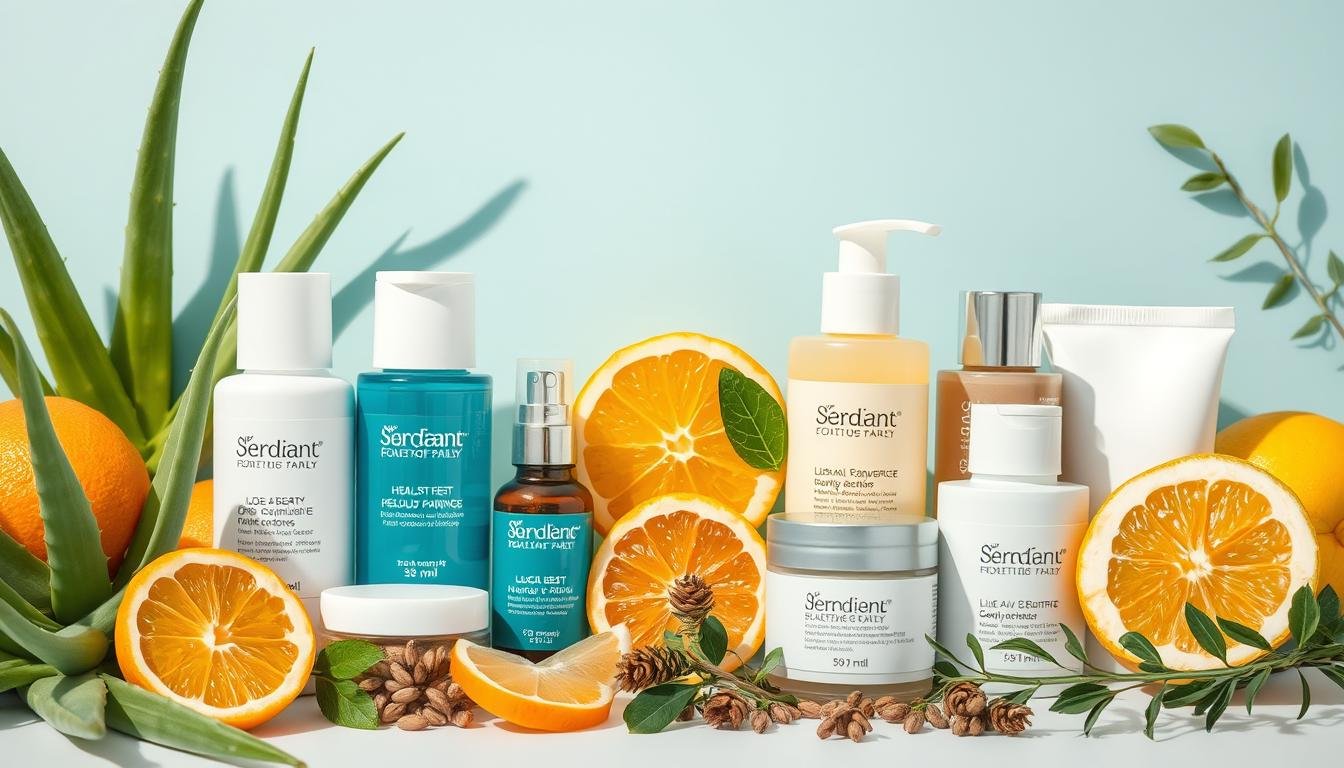 Health and beauty products arranged with natural ingredients for wellness
