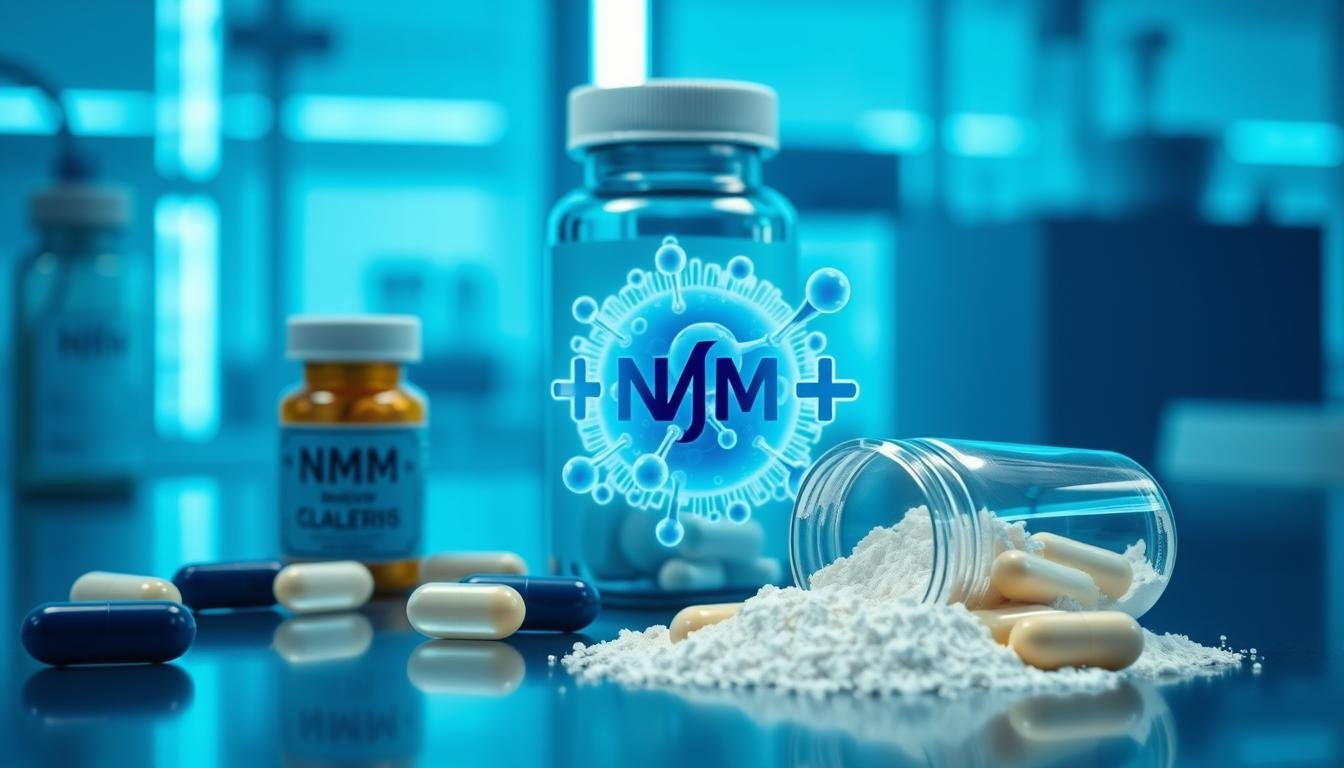 NMN supplement capsules with molecular structure and cellular visualization showing conversion to NAD+