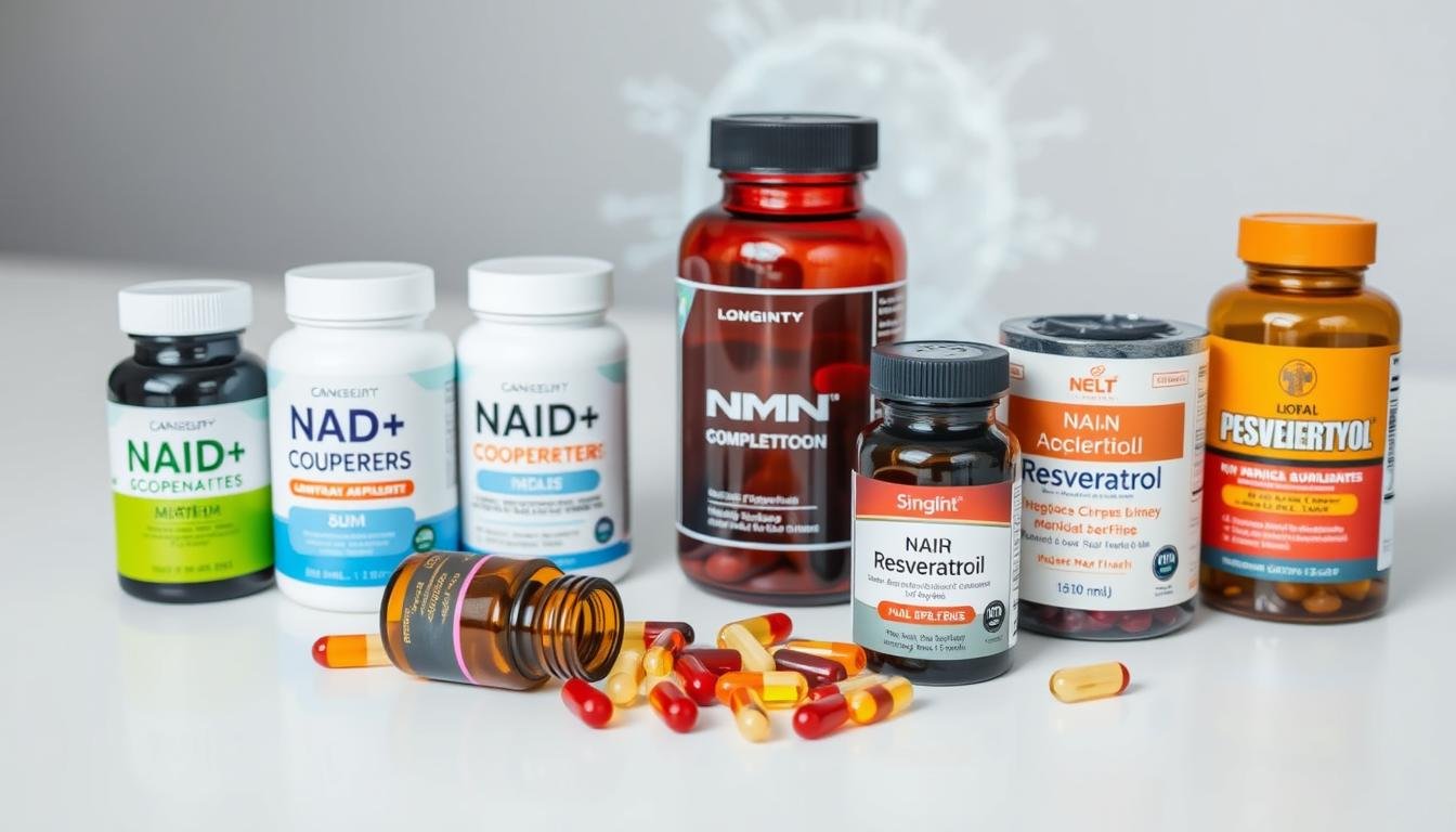 Various longevity supplements including NAD+ precursors, NMN, and resveratrol arranged on a clean surface with cellular visualization