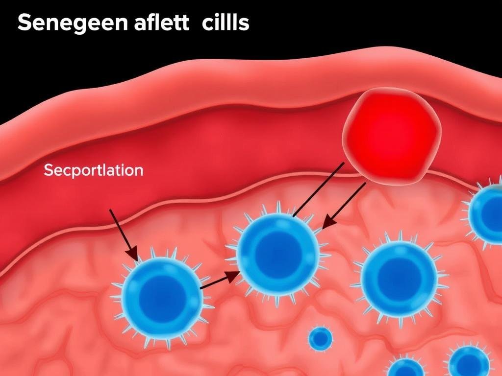 Illustration of senescent cells accumulating in tissue and their inflammatory effects on surrounding healthy cells