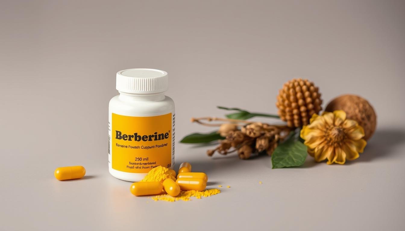 Berberine supplement capsules with the yellow berberine compound and traditional herbs