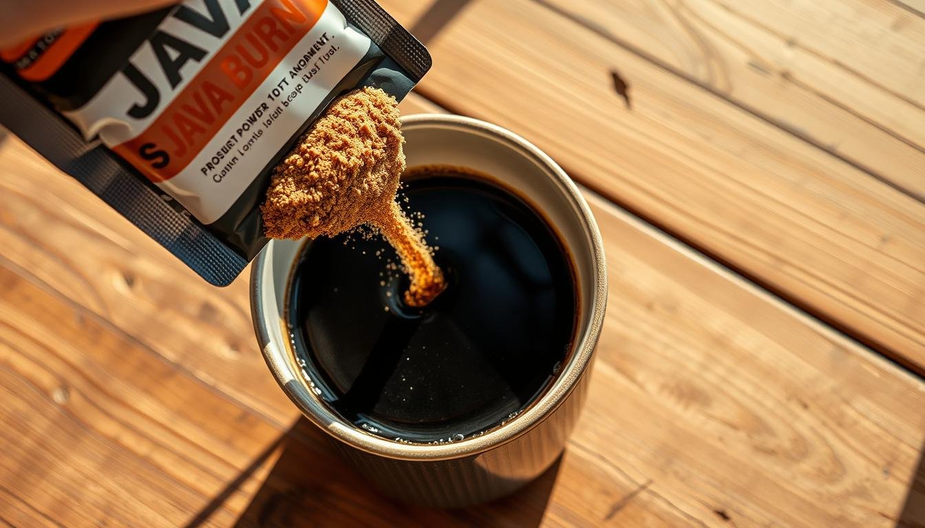 Java Burn coffee supplement packet being poured into a cup of coffee