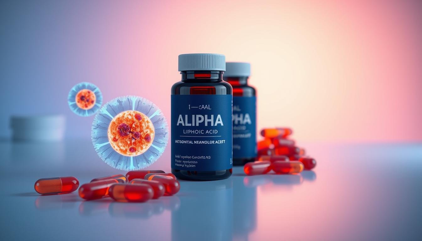 Alpha-Lipoic Acid supplement with mitochondria visualization showing its antioxidant effects