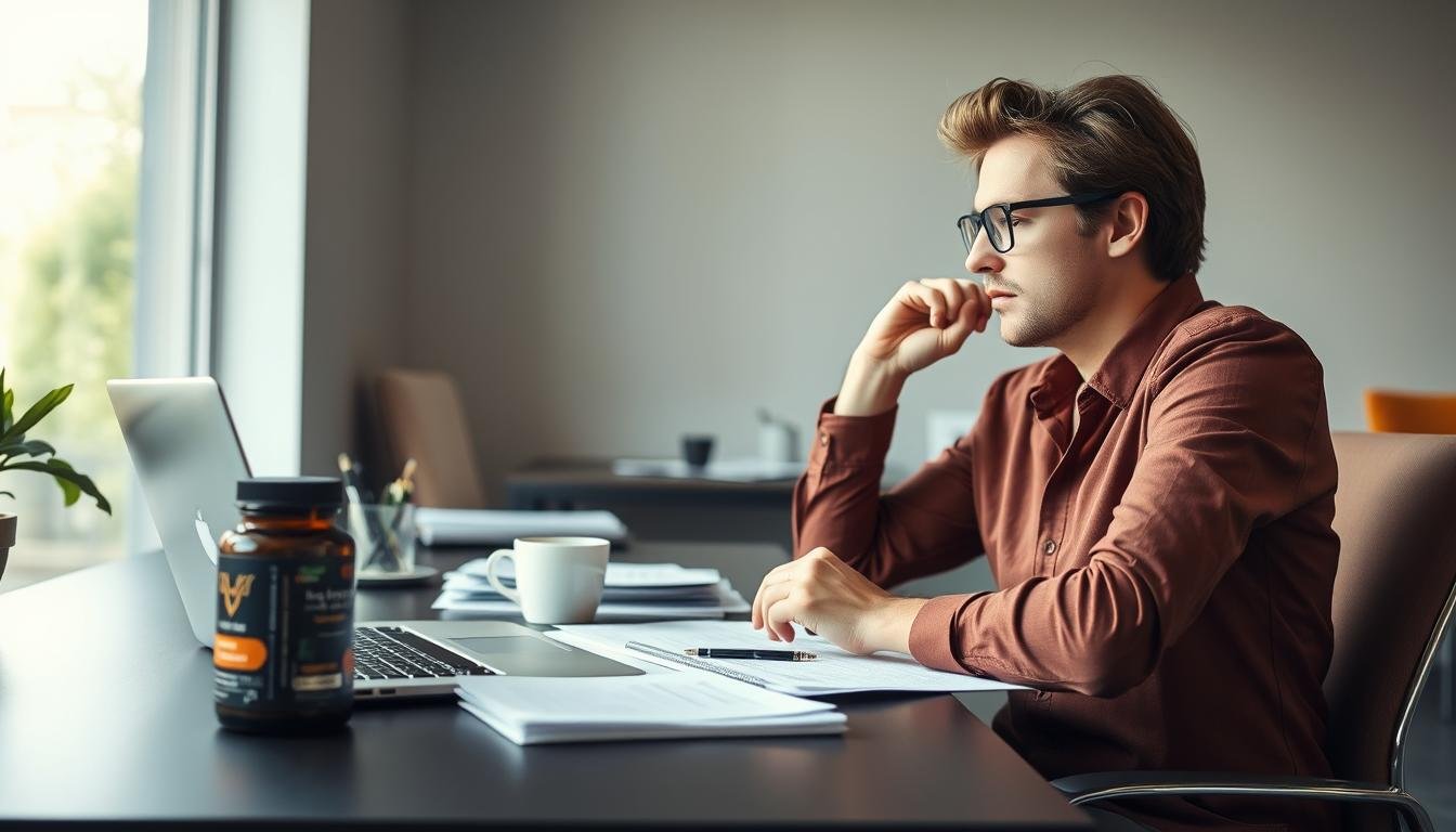 Person studying with focused expression while taking cordyceps supplement