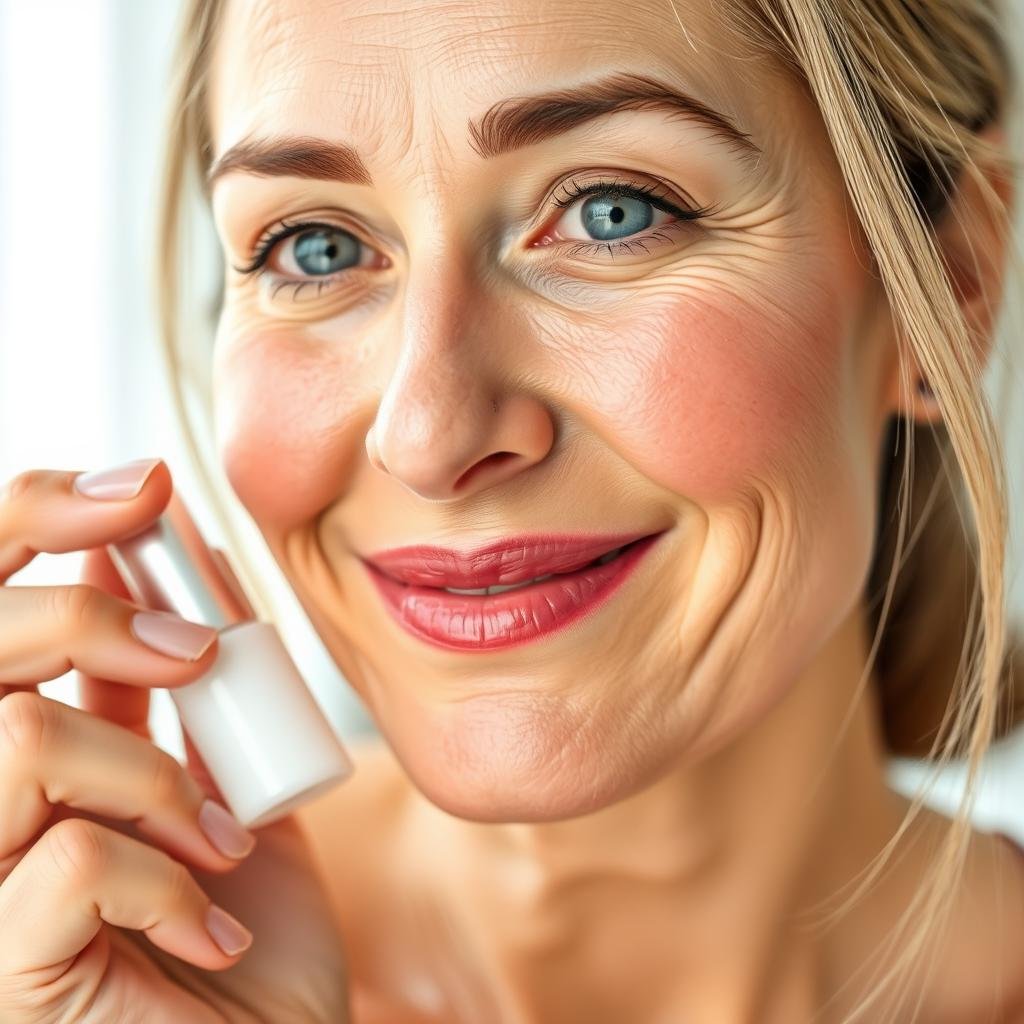 Woman in her 40s applying skincare product with visible improvement in skin texture