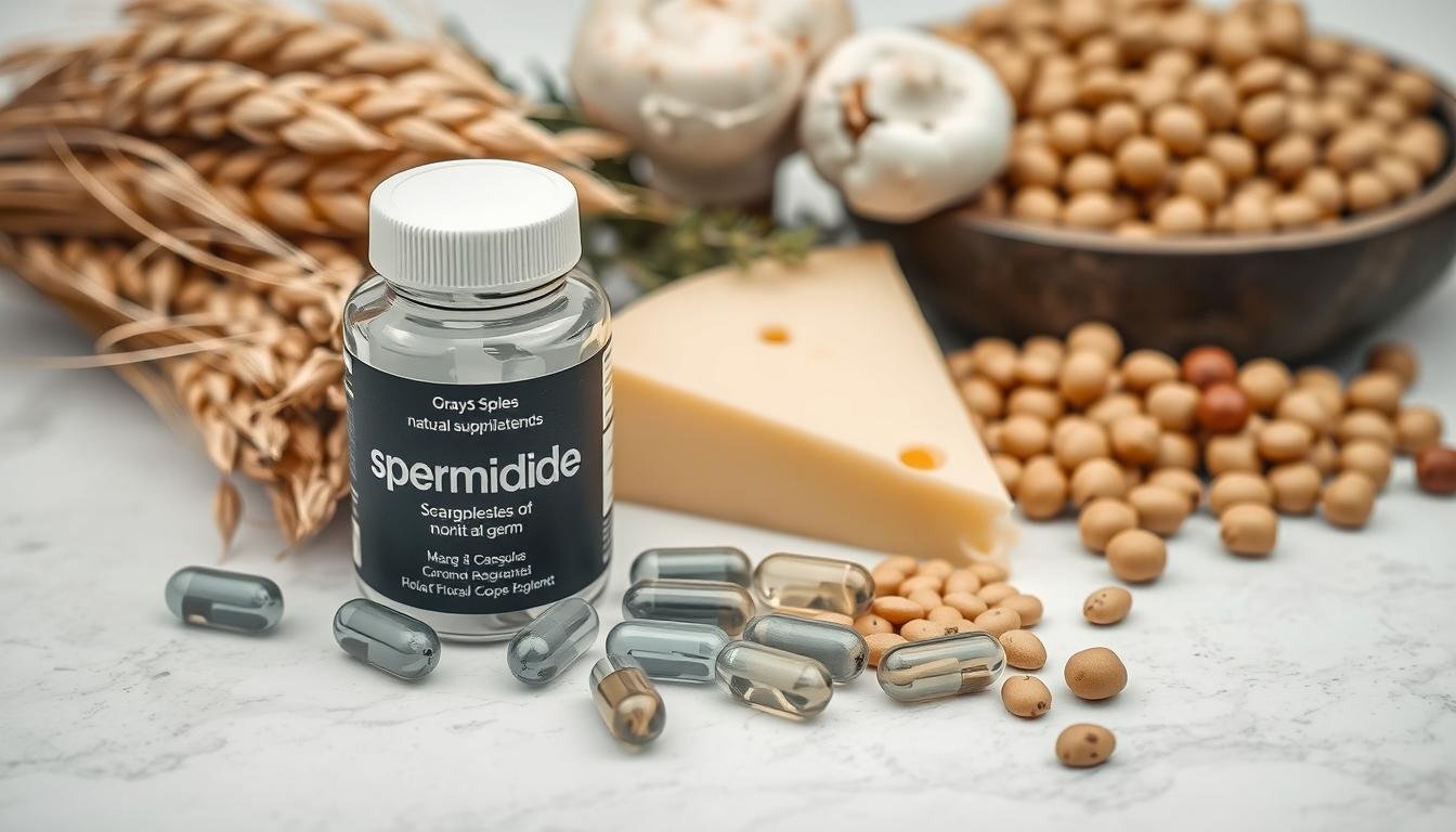 Spermidine supplement with wheat germ, mushrooms, and aged cheese showing natural food sources