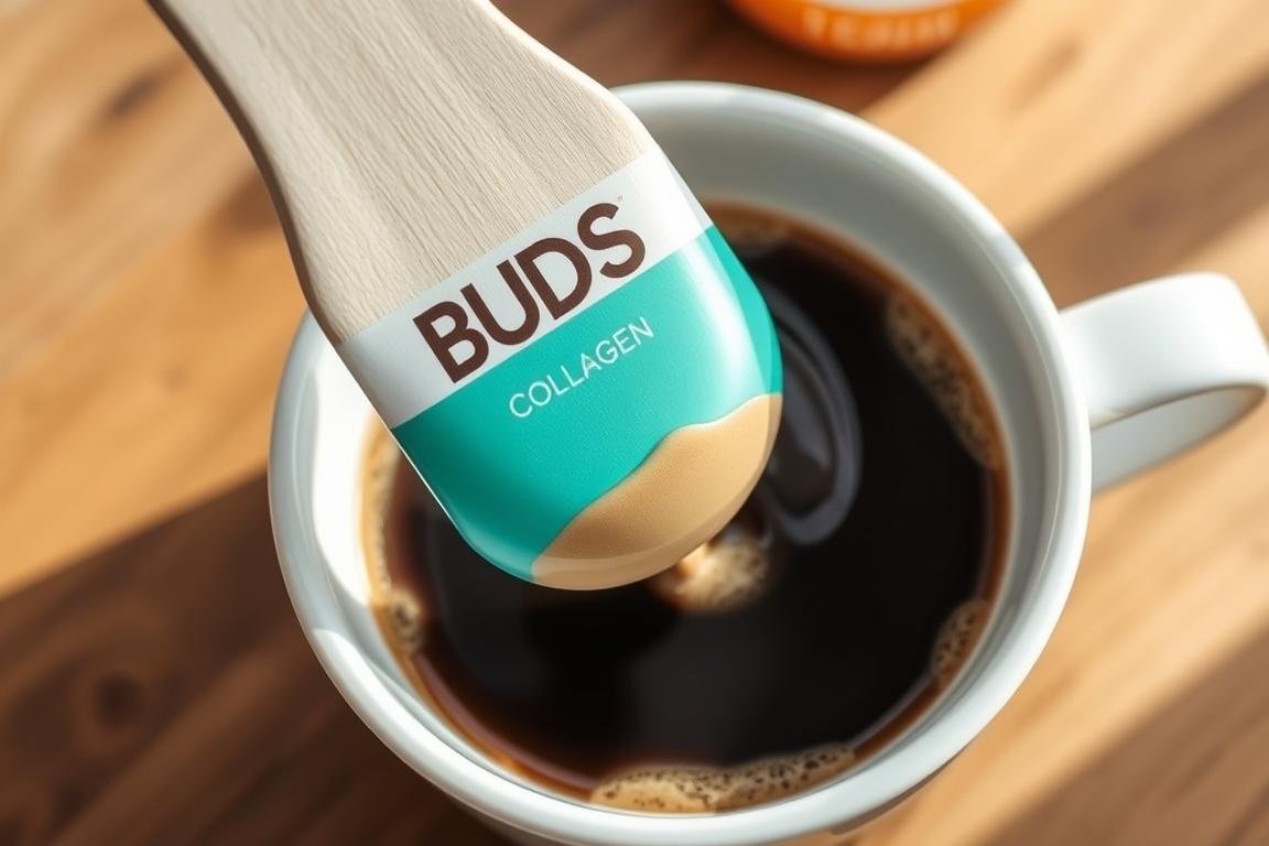 BUBS Collagen being stirred into morning coffee