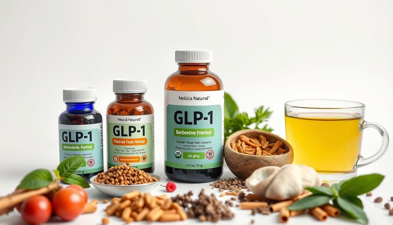 Natural GLP-1 supplements displayed next to fresh ingredients that support GLP-1 production