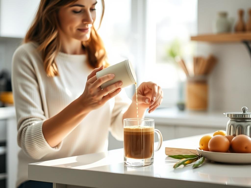 Woman adding BUBS Collagen to her morning coffee