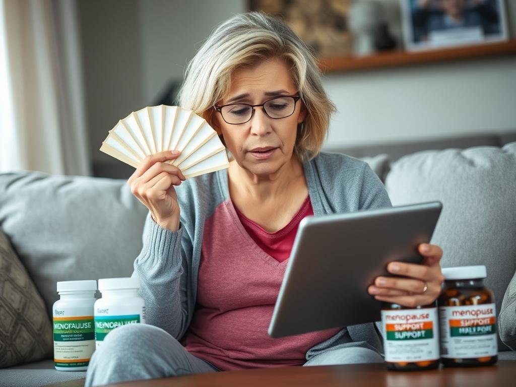 Woman experiencing hot flashes reviewing menopause supplement options - Best Femtech Supplements 2025