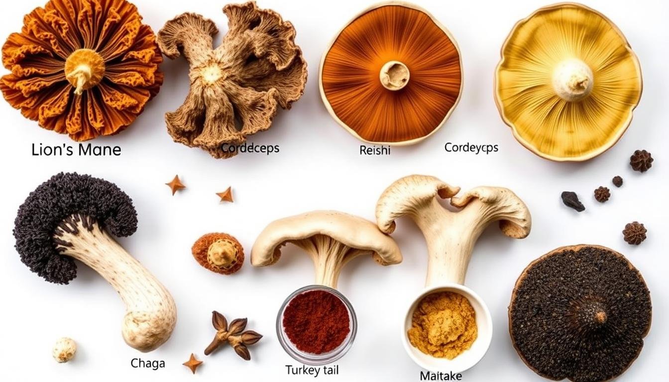 Various nootropic mushrooms for cognitive enhancement displayed with their extract powders