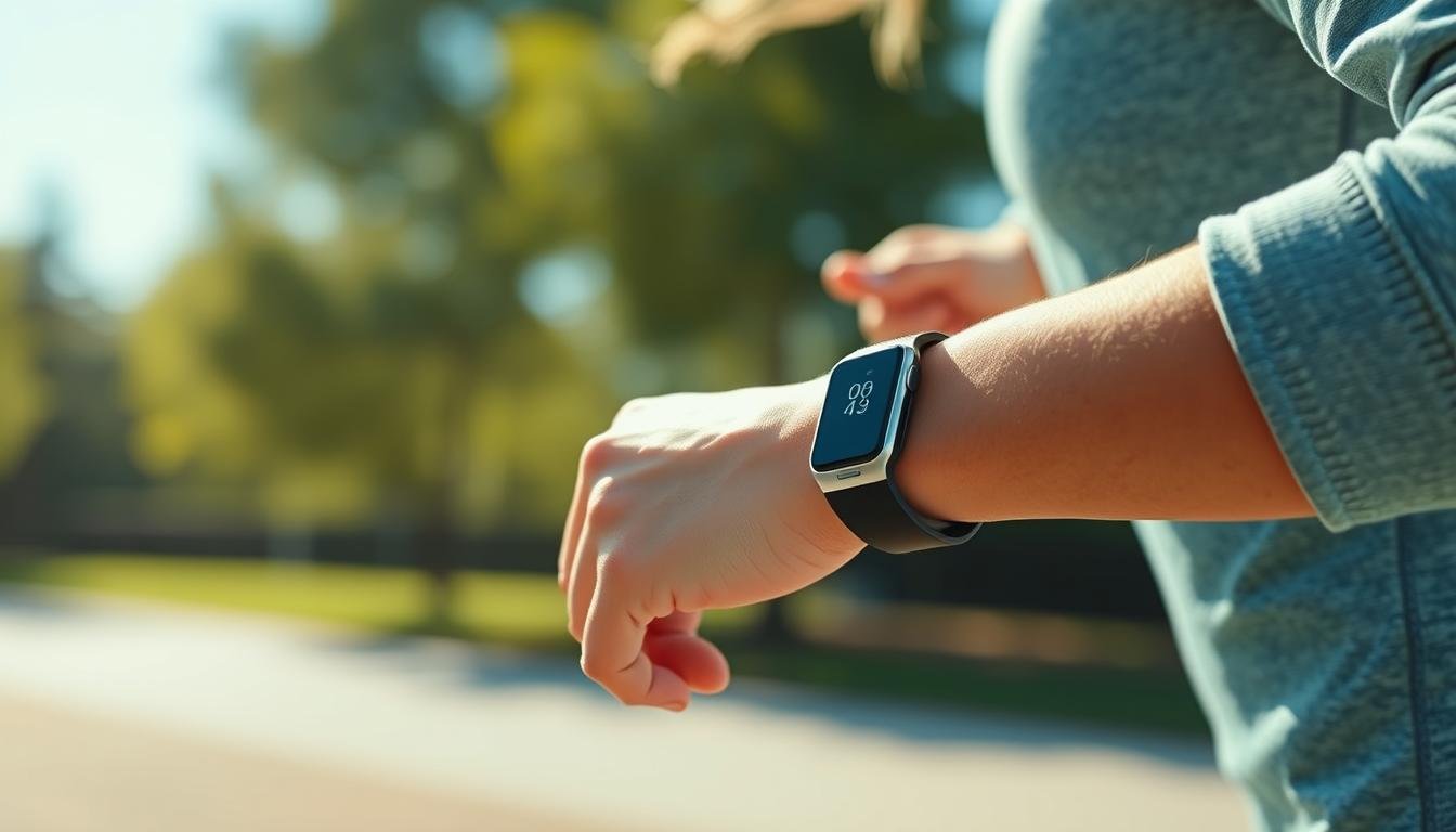 Person using fitness tracker to monitor health metrics during exercise