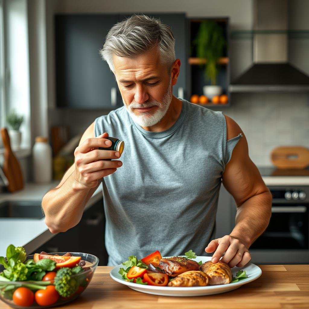 Health-conscious adult in their 50s taking supplements with a healthy meal