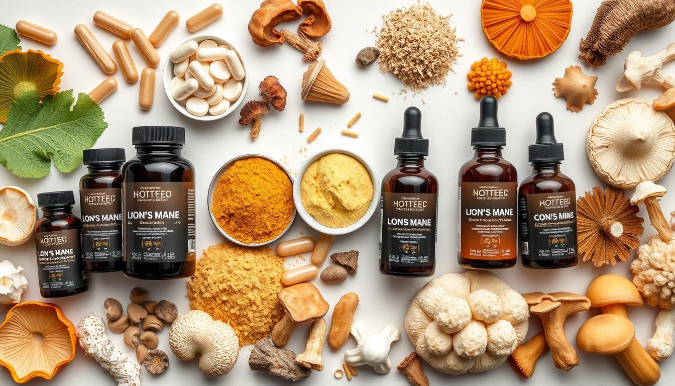 Various nootropic mushroom supplements arranged to show synergistic combinations