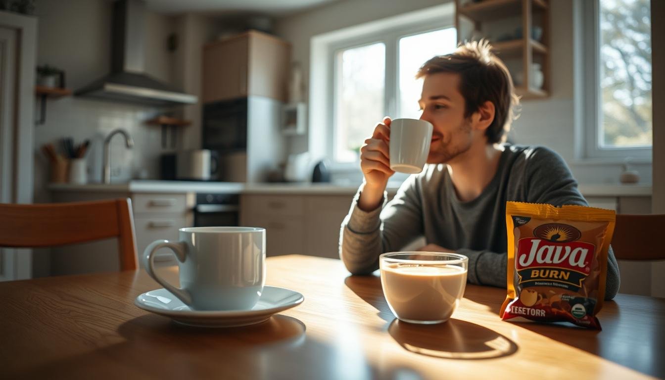 Person enjoying morning coffee with Java Burn packet nearby