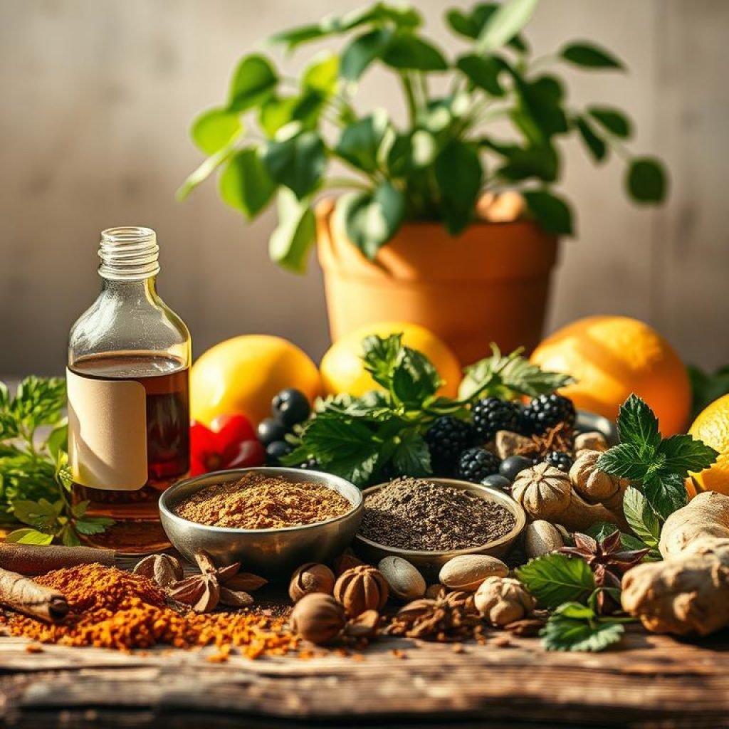 A natural, earthy still life scene depicting various home remedies for managing high blood sugar levels. In the foreground, arrange a selection of herbal tinctures, fresh herbs, and dried spices such as cinnamon, turmeric, and ginger. Placed on a rustic wooden surface, with soft, indirect lighting casting warm shadows. In the middle ground, include a few fresh fruits known to help regulate glucose, like berries and citrus. In the background, have a potted plant or two, creating a serene, nature-inspired atmosphere. The overall mood should convey a sense of calm, wellness, and accessible, holistic solutions for managing diabetes naturally.