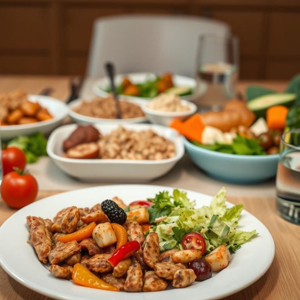 A neatly arranged table with a balanced gestational diabetes meal plan, featuring a variety of fresh, colorful ingredients. In the foreground, a plate showcases a delicious, low-carb main dish, accompanied by a side salad and a glass of water. In the middle ground, additional portions of lean proteins, whole grains, and nutrient-rich vegetables are thoughtfully displayed. The background is softly lit, creating a warm and inviting atmosphere, reflecting the care and attention put into crafting a meal plan that supports healthy blood sugar management during pregnancy.