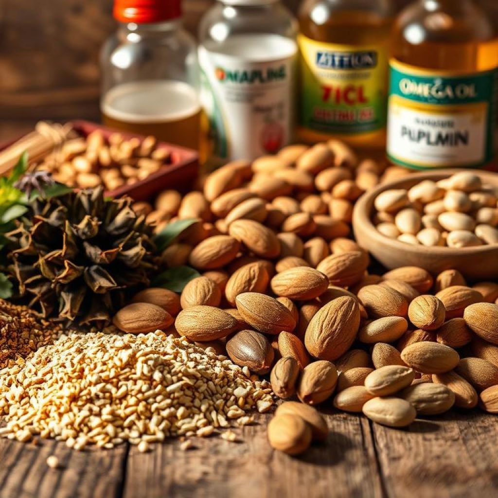 A well-lit, close-up still life photograph of various natural testosterone support ingredients arranged on a rustic wooden surface. In the foreground, a selection of herbs and spices such as fenugreek, ashwagandha, and tribulus terrestris. In the middle ground, various nuts and seeds like almonds, walnuts, and pumpkin seeds. In the background, a few glass bottles or jars containing supplements like zinc, vitamin D, and omega-3 fish oils. Warm, golden lighting from the side casts soft shadows, highlighting the textures and natural colors of the ingredients. The overall mood is one of healthy, natural vitality.