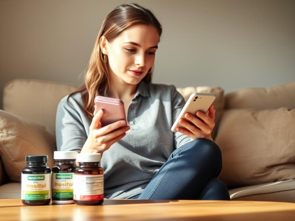 Woman with PCOS reviewing inositol supplement information on smartphone - Best Femtech Supplements 2025