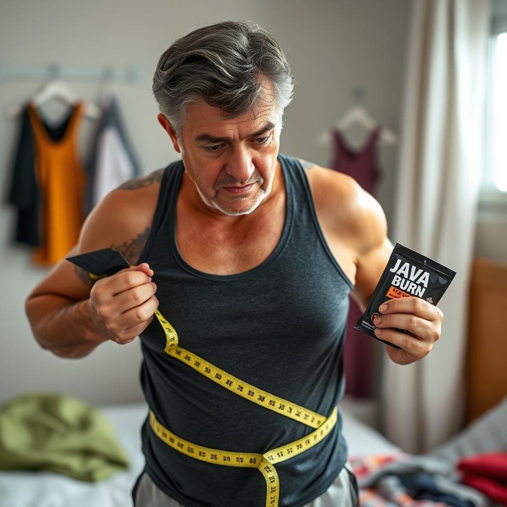 Person measuring waist while holding Java Burn packet