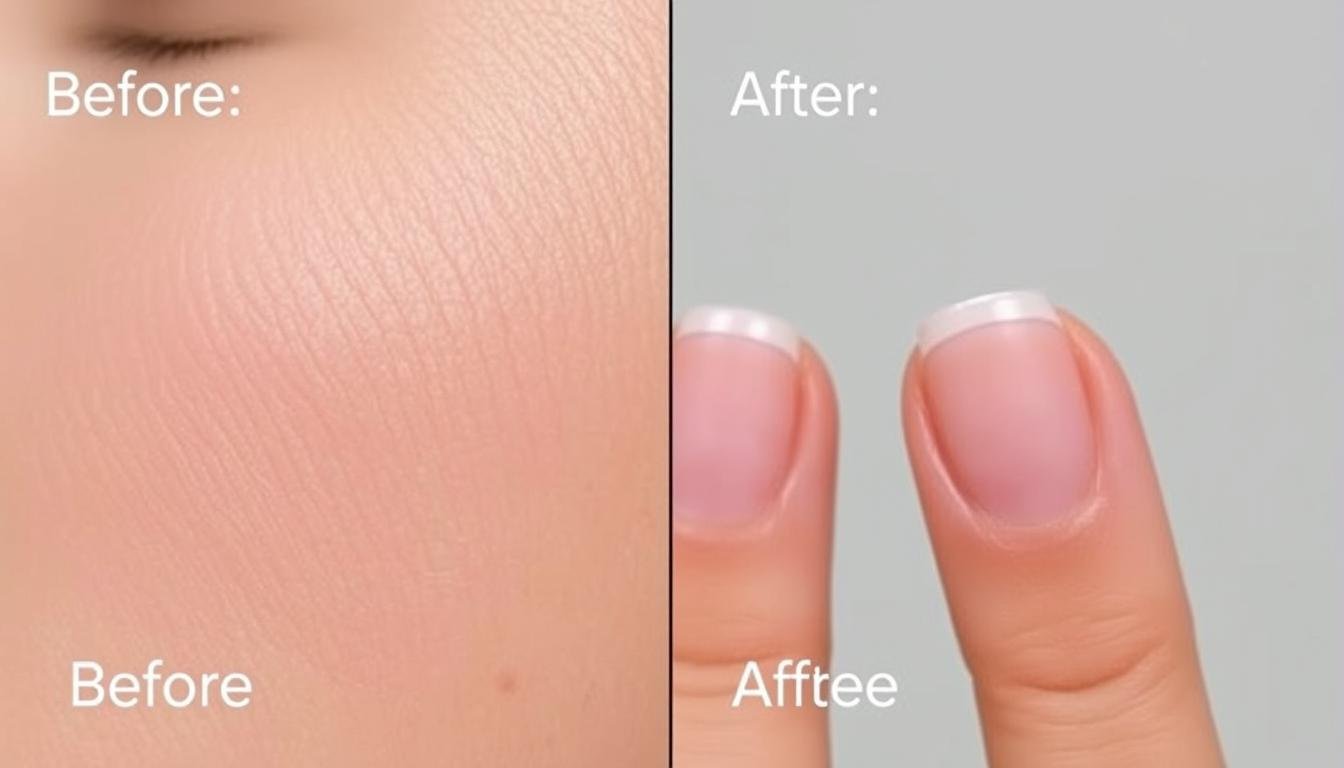 Before and after comparison showing BUBS Collagen results on skin and nails