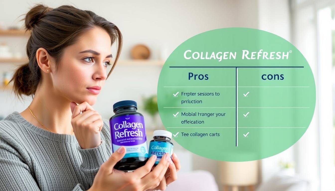 Person evaluating Collagen Refresh supplement with visible pros and cons list