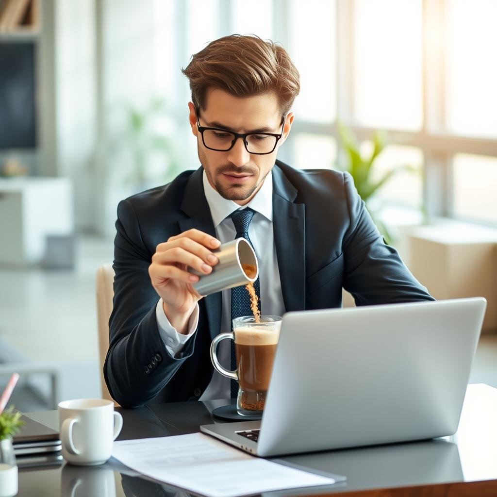 Busy professional adding Java Burn to morning coffee while checking email