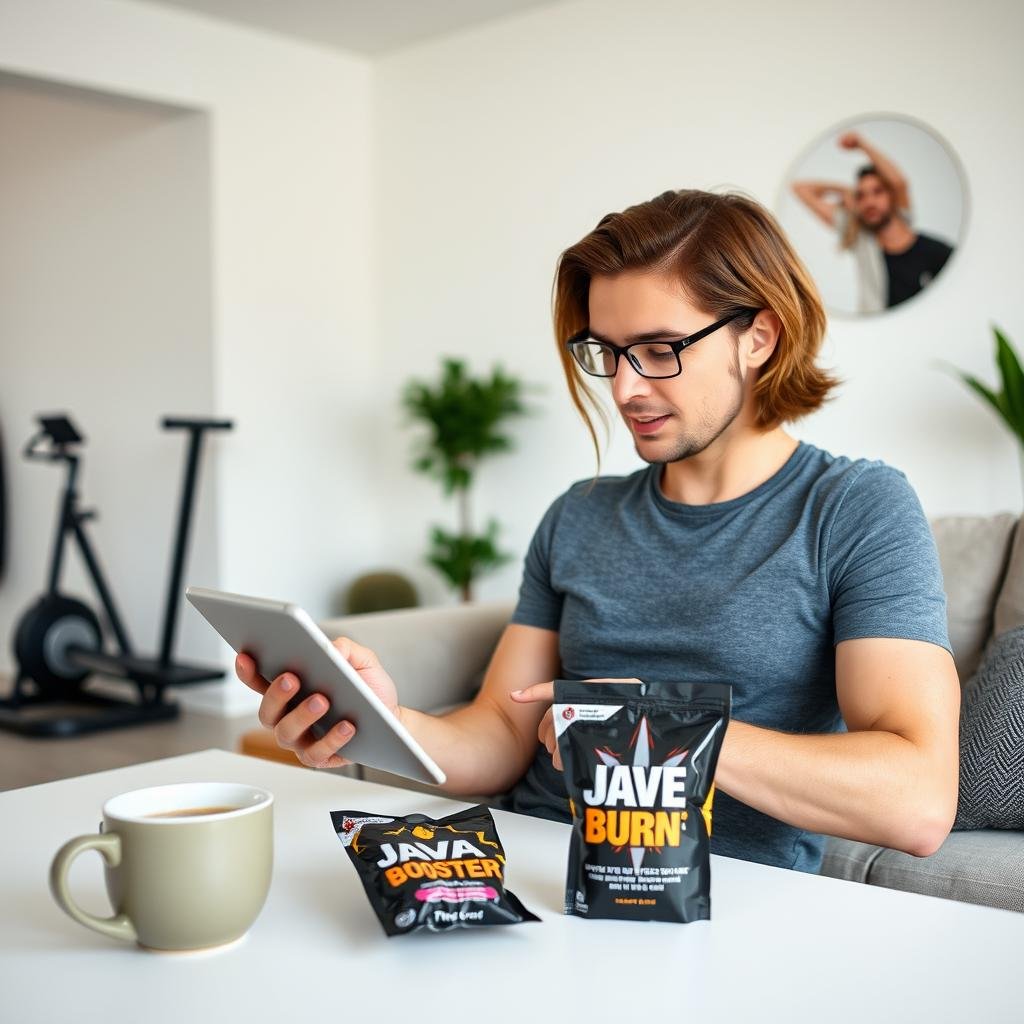 Health-conscious person researching metabolism boosters online with Java Burn nearby