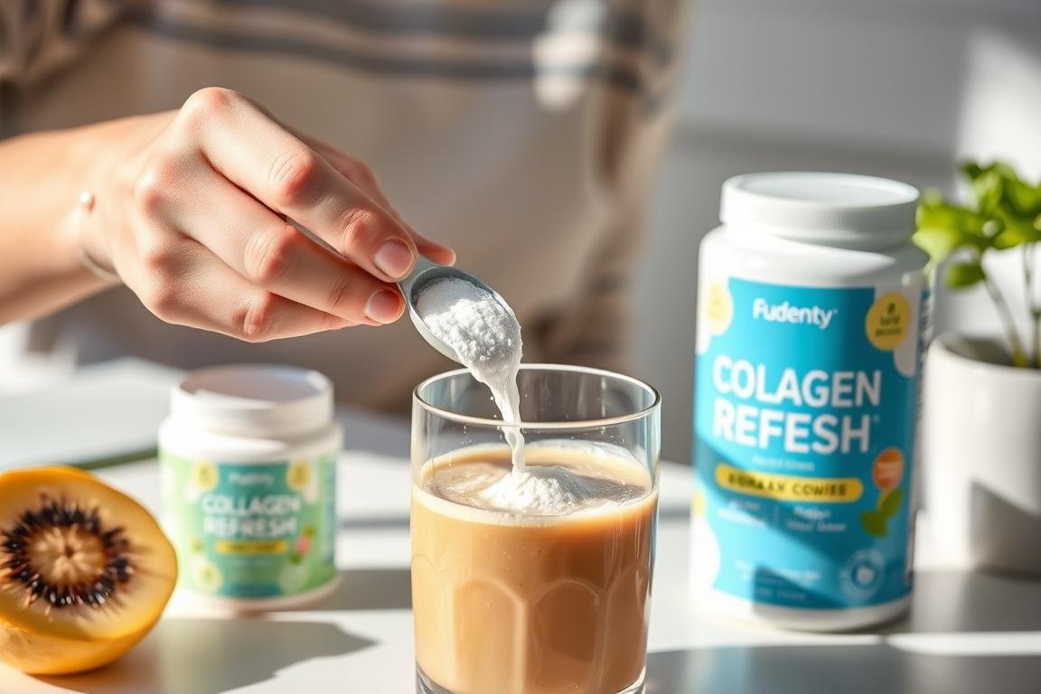 Person mixing Collagen Refresh into morning smoothie