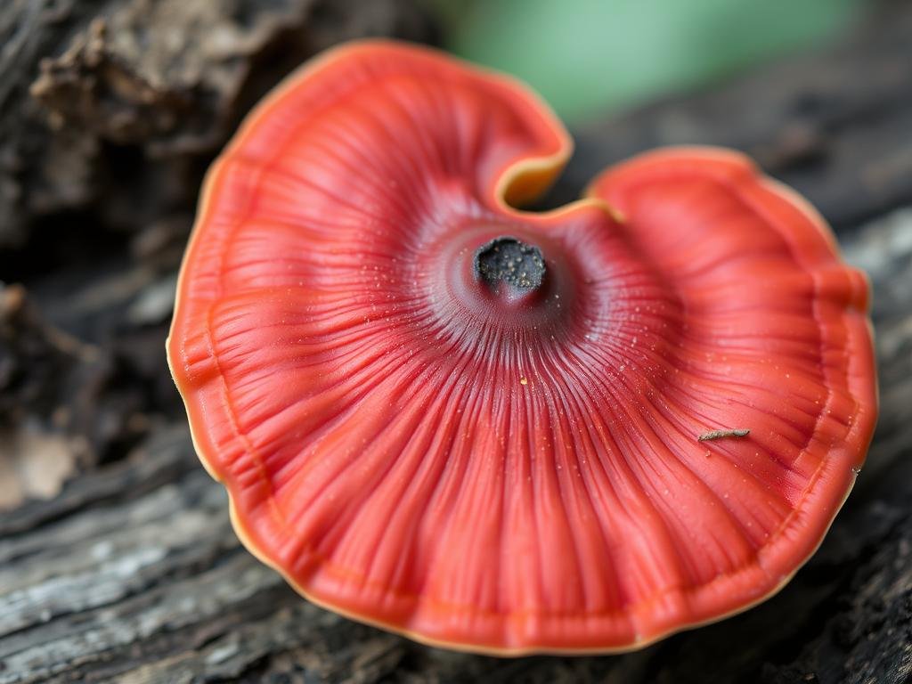Reishi mushroom with its glossy red-brown surface growing on wood