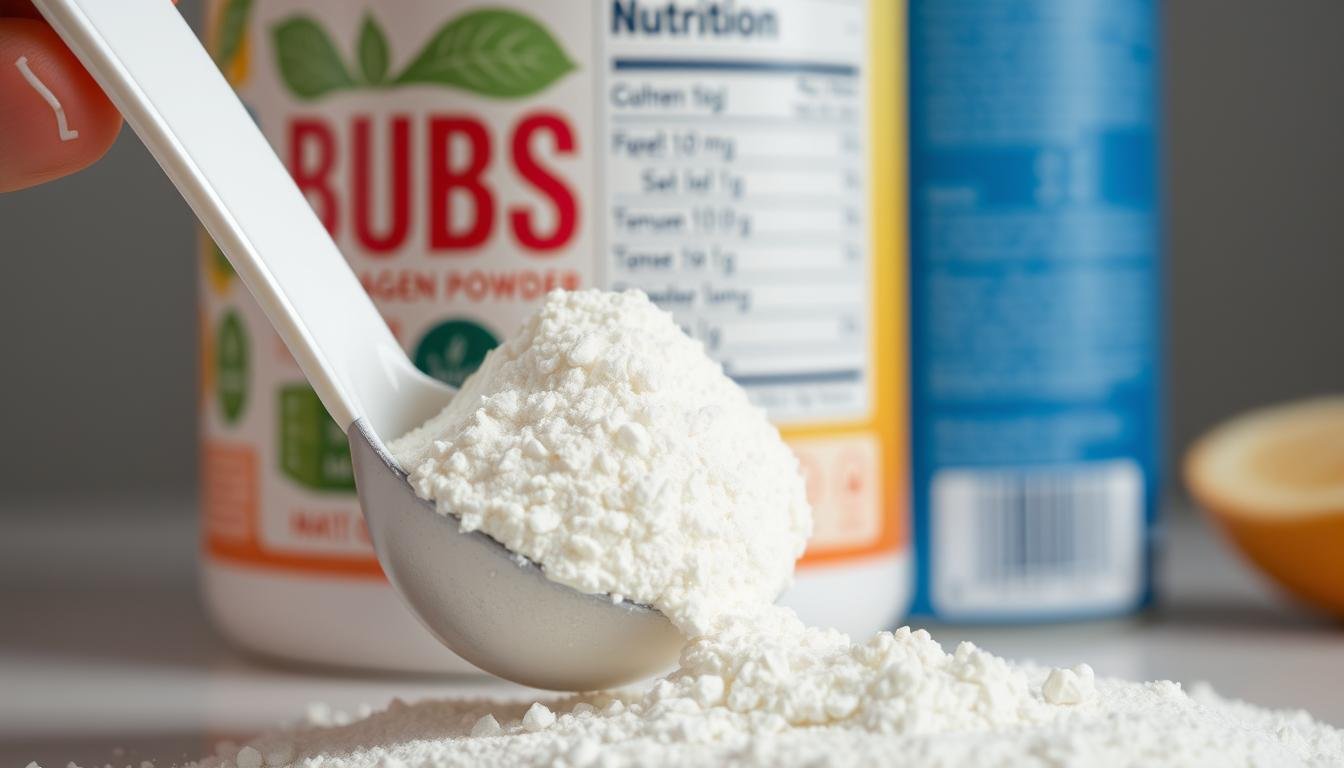 BUBS Collagen powder being measured with nutrition facts visible