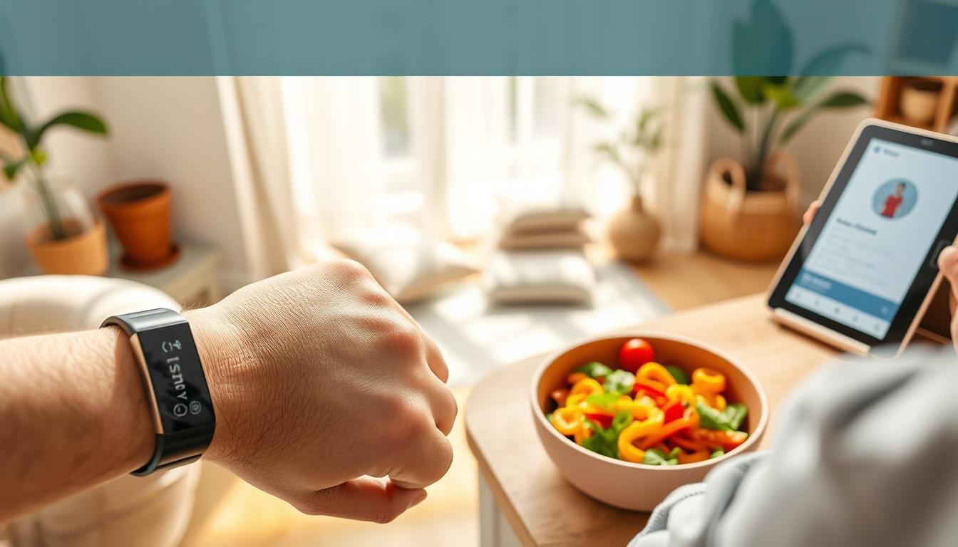 Wellness tools including fitness tracker, meditation space, and healthy meal prep