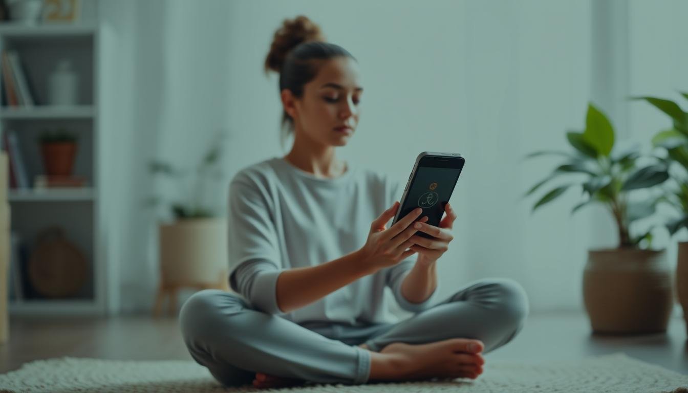 Person using meditation app in a peaceful setting for mental wellness