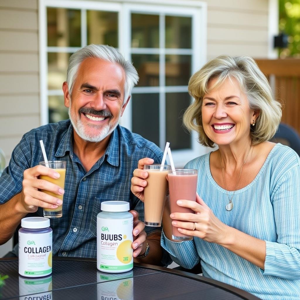 Mature couple enjoying smoothies with BUBS Collagen