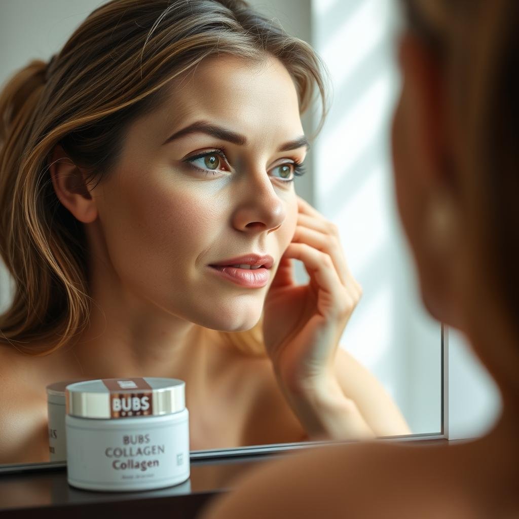 Woman examining her skin in mirror with BUBS Collagen nearby