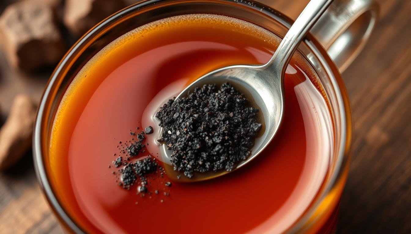 Natural Shilajit being dissolved in warm tea