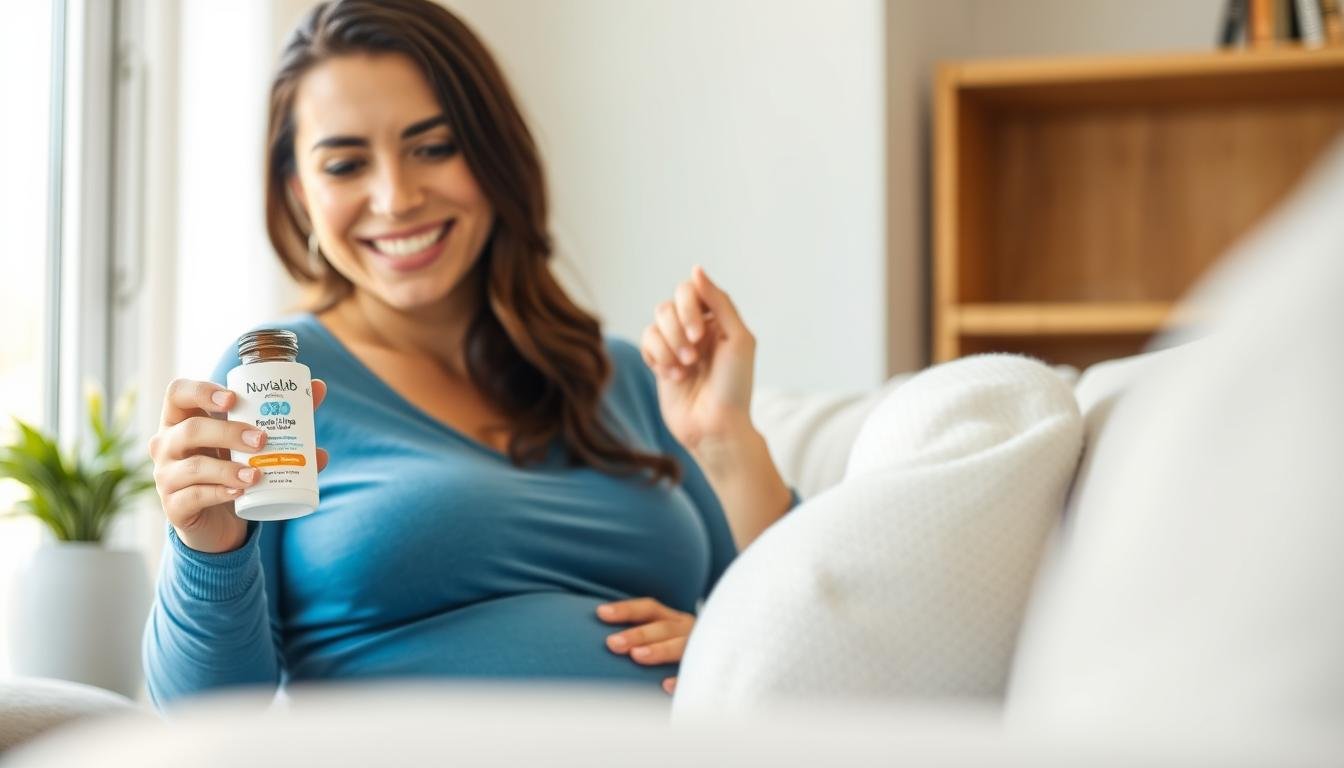 Happy pregnant woman holding NuviaLab Female Fertility bottle
