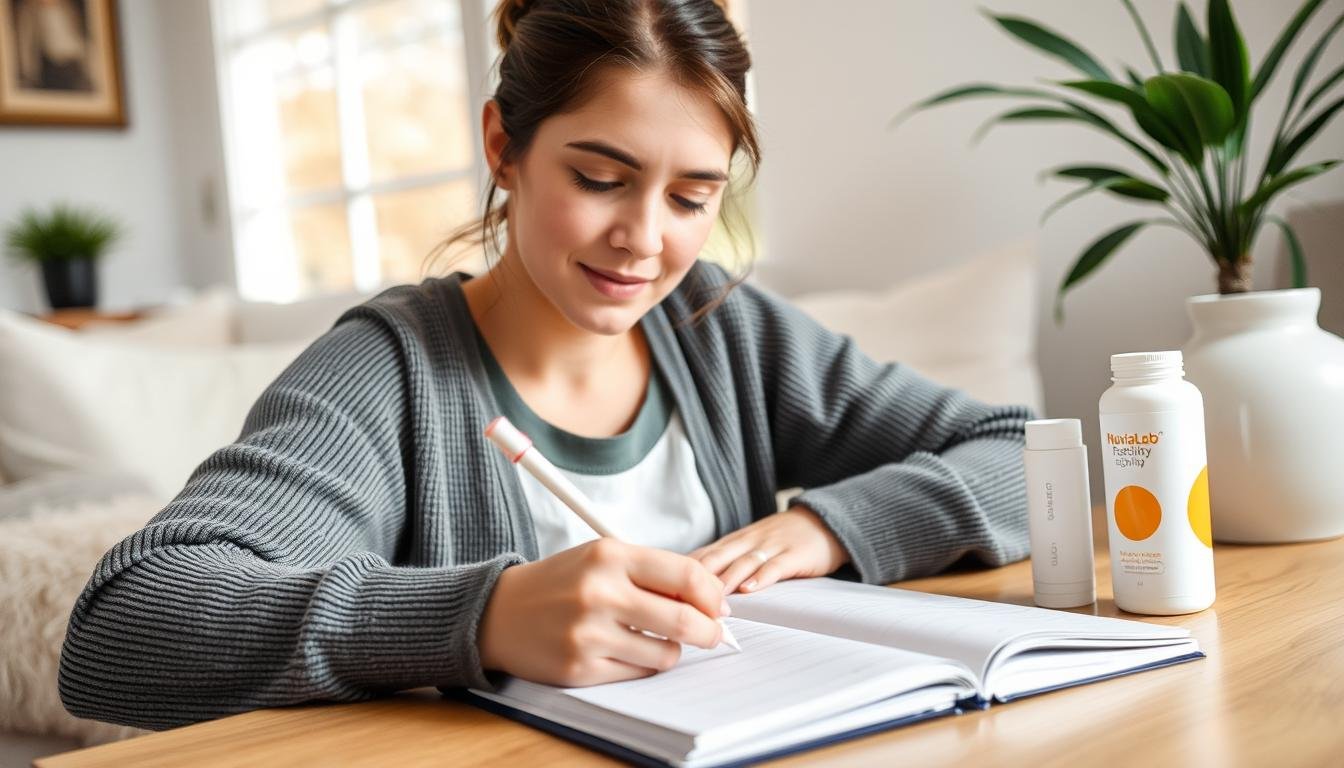 Woman tracking fertility metrics in journal next to NuviaLab bottle